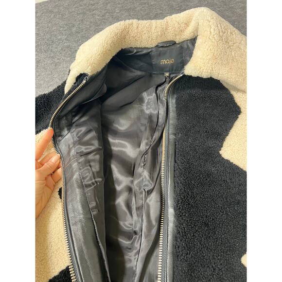 Maje Gillian Two-Tone Black & White Shearling Long Coat Jacket Size Medium - Picture 7 of 12